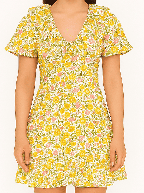 Yellow Floral Print Ruffle Mini Dress_costumepeti