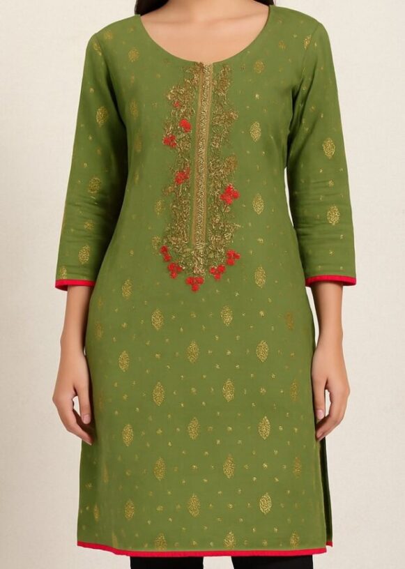 Olive Green Embroidered Straight Kurta - Costumepeti