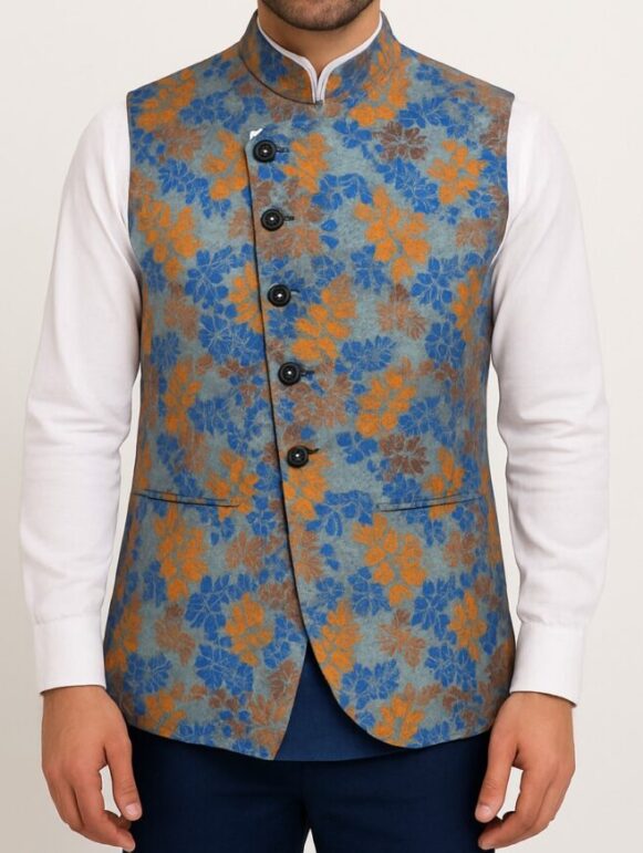 Blue-Ochre Floral Nehru Jacket - Image 4