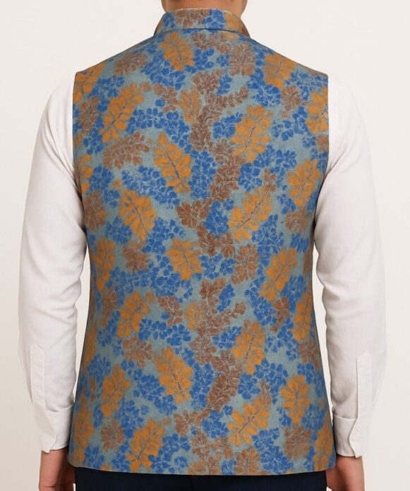 Blue-Ochre Floral Nehru Jacket - Image 3