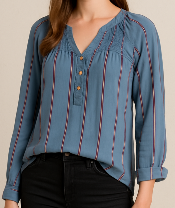 Blue Striped Long Sleeve Casual Top - Costumepeti