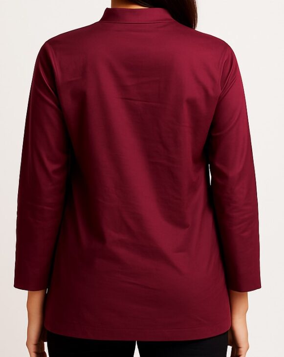 Maroon Mandarin Cotton Shirt - Image 3