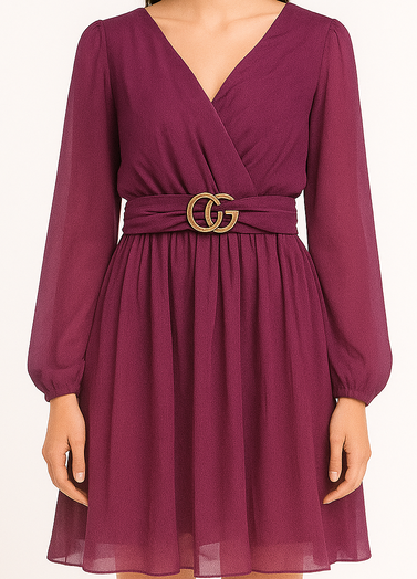 Wine V-Neck Wrap Dress with Belt - Costumepeti