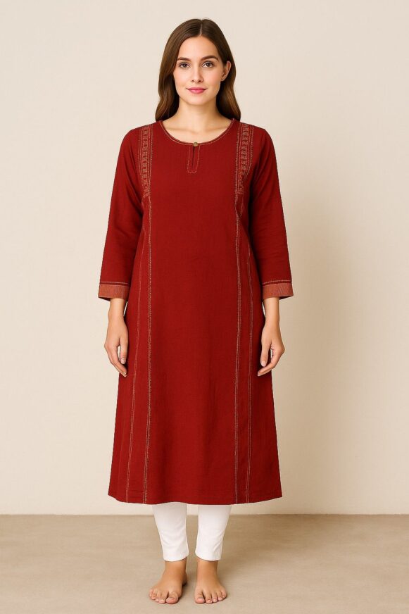 Maroon Straight-Cut Embroidered Kurta - Costumepeti