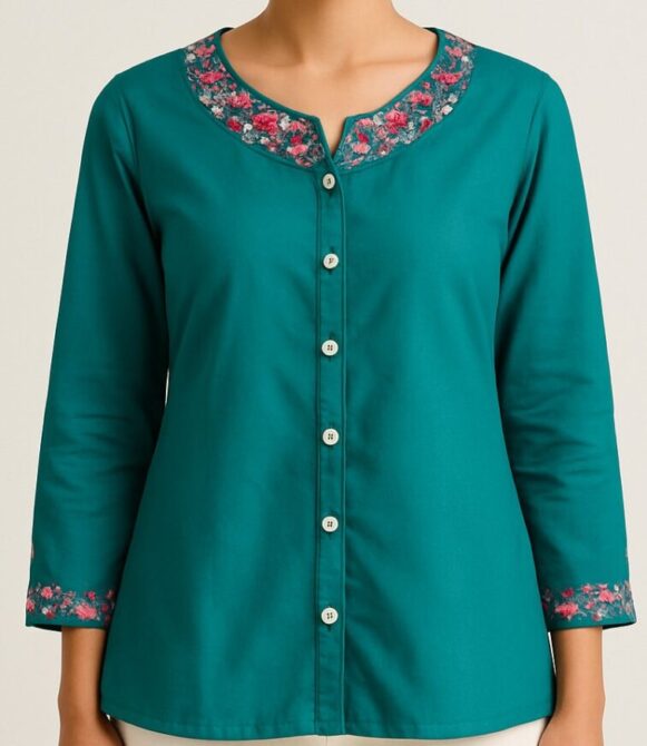 Teal Floral Embroidered Cotton Top - Image 4