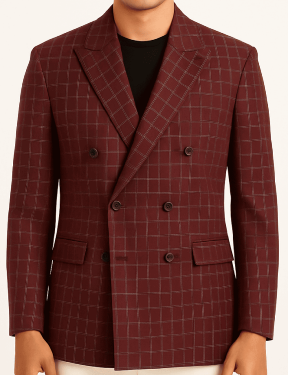 Maroon Checked Double-Breasted Blazer