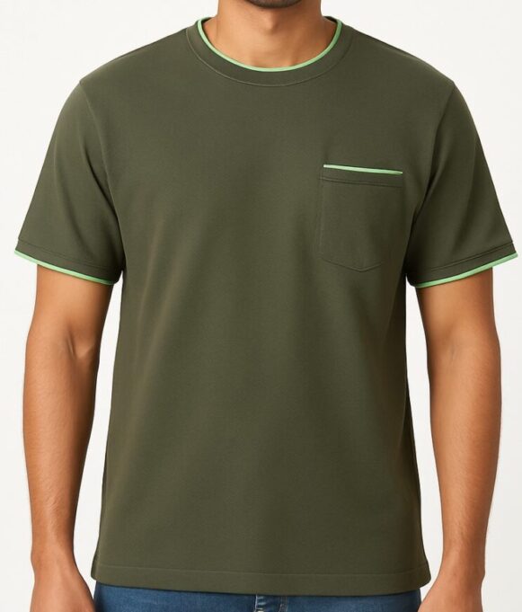 Olive Green Crew Neck T-Shirt with Pocket Detail