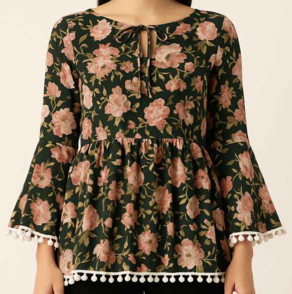 Floral Green Flared Top with Pom Trim