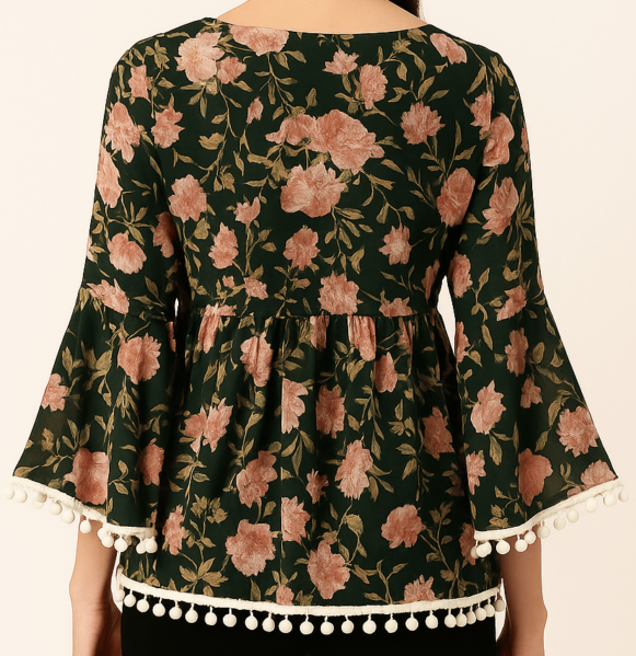 Floral Green Flared Top with Pom Trim - Image 3