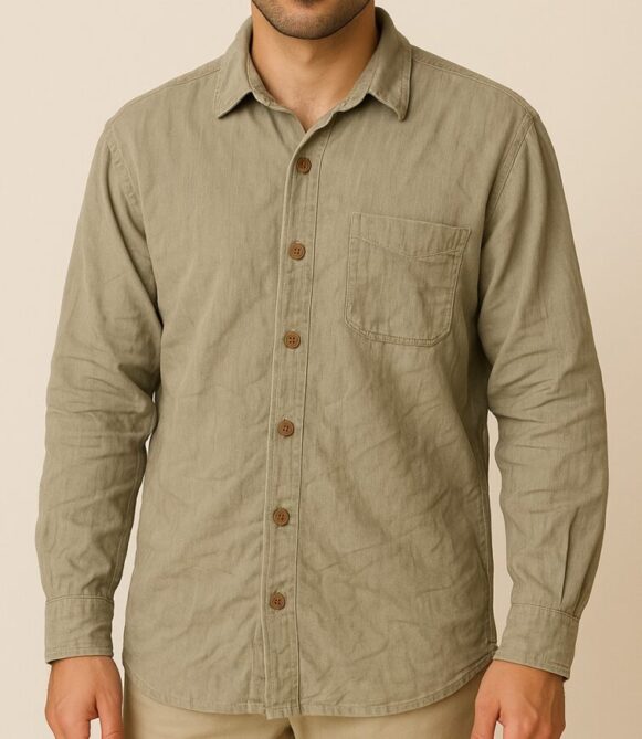 Olive Green Casual Cotton Shirt - Image 3