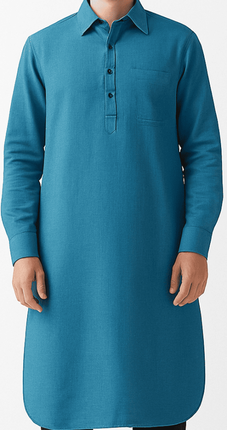 Men’s Solid Blue Cotton Blend Longline Kurta_costumepeti