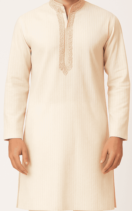 Men’s Cream Cotton Blend Embroidered Kurta_costumepeti