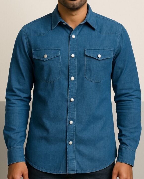 Men’s Blue Cotton Denim Button-Down Shirt_costumepeti