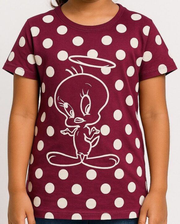 Kids Maroon Dot Cartoon Print T-Shirt
