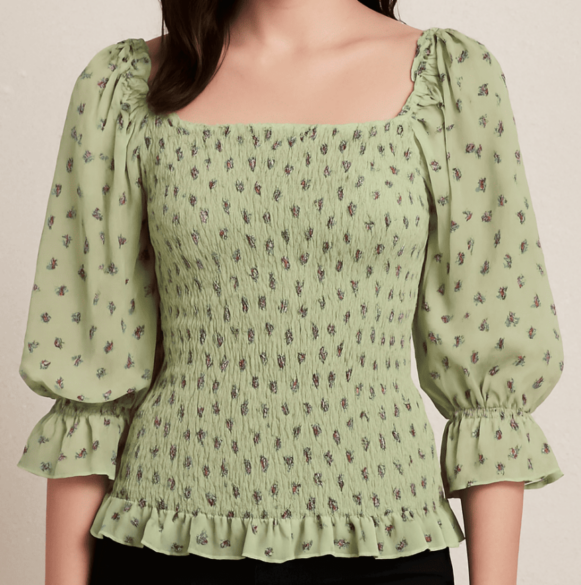 Green Smocked Floral Top - Costumepeti