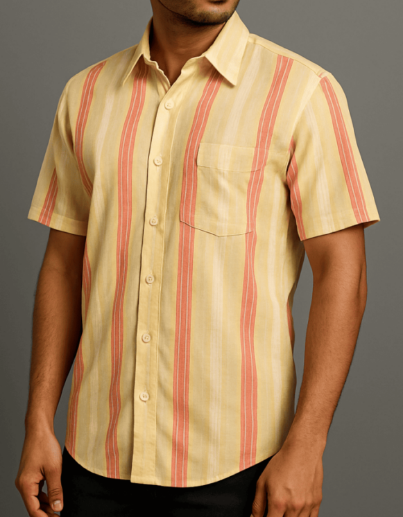 Striped Short-Sleeve Cotton Shirt-costumepeti