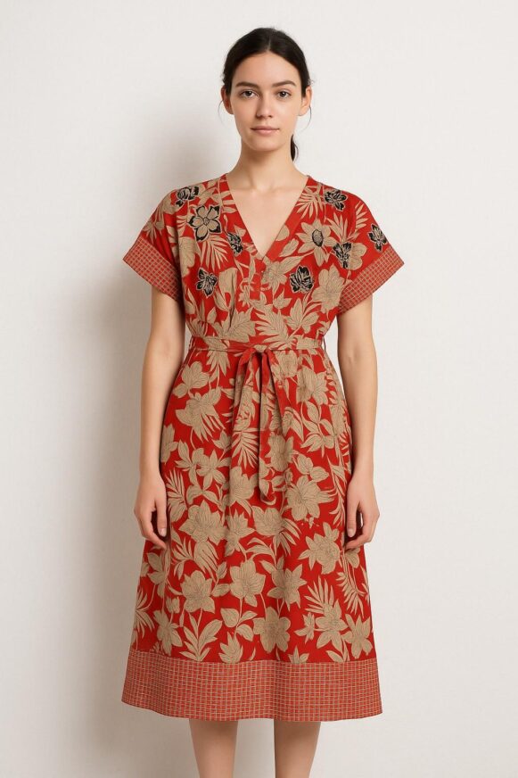 Red Floral Printed V-Neck Dress - Costumepeti