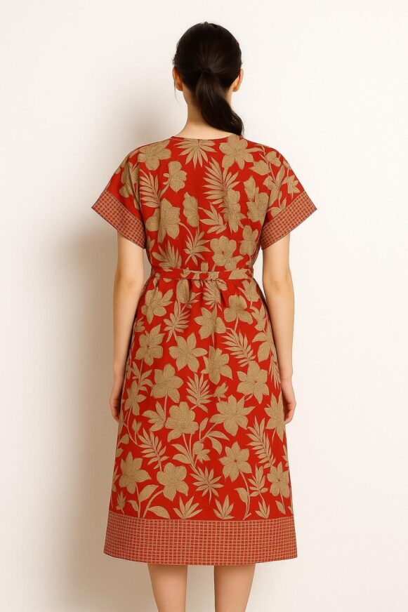 Red Floral Printed V-Neck Dress - Image 4
