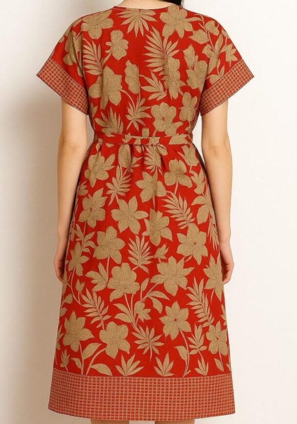 Red Floral Printed V-Neck Dress - Image 3