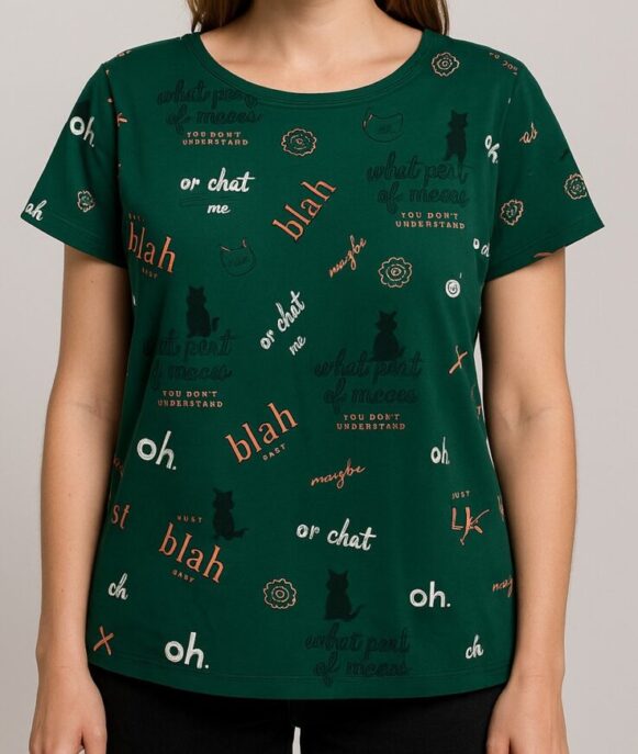 Green Cat Print Slogan T-Shirt - Image 3