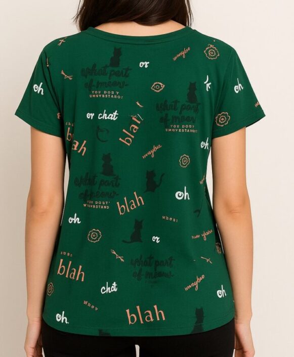 Green Cat Print Slogan T-Shirt - Image 4