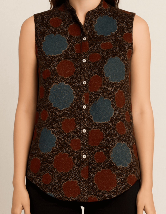 Brown Printed Sleeveless Button-Front Top
