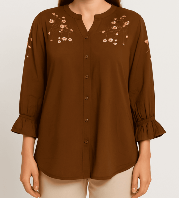 Brown Embroidered Button-Front Top