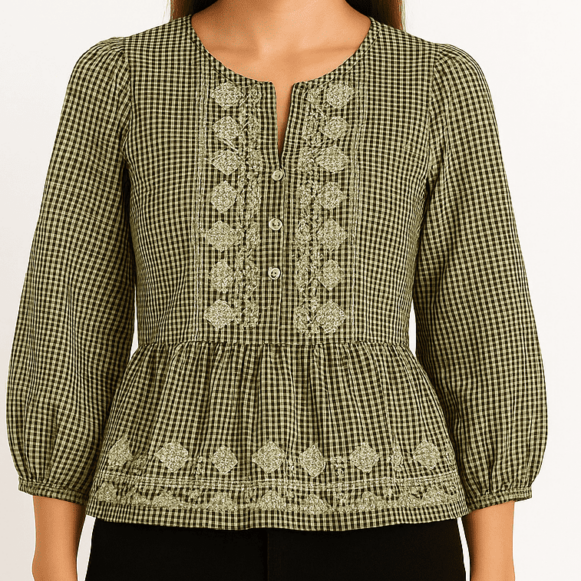 Olive Green Checked Embroidered Peplum Top-costumepeti