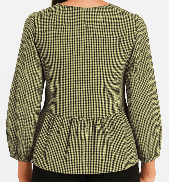 Olive Green Checked Embroidered Peplum Top - Image 3