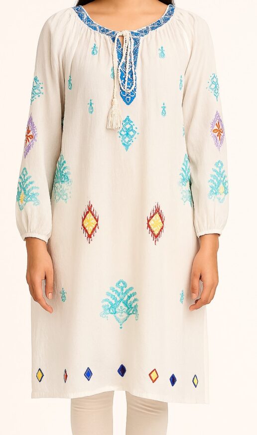 White Multicolor Embroidered Tunic Dress - Image 3
