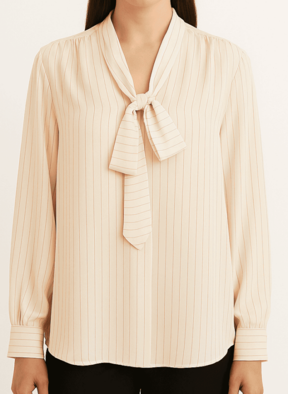 Beige Tie-Neck Striped Long SleeveTop