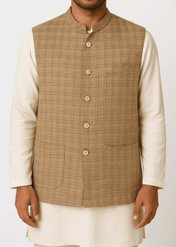 Handloom Cotton Checked Nehru Jacket - Image 3
