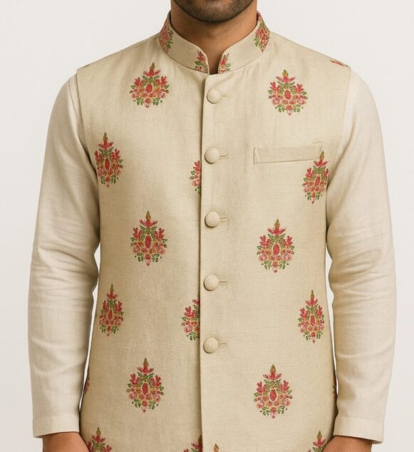 Beige Embroidered Nehru Jacket Mandarin Collar - Image 3
