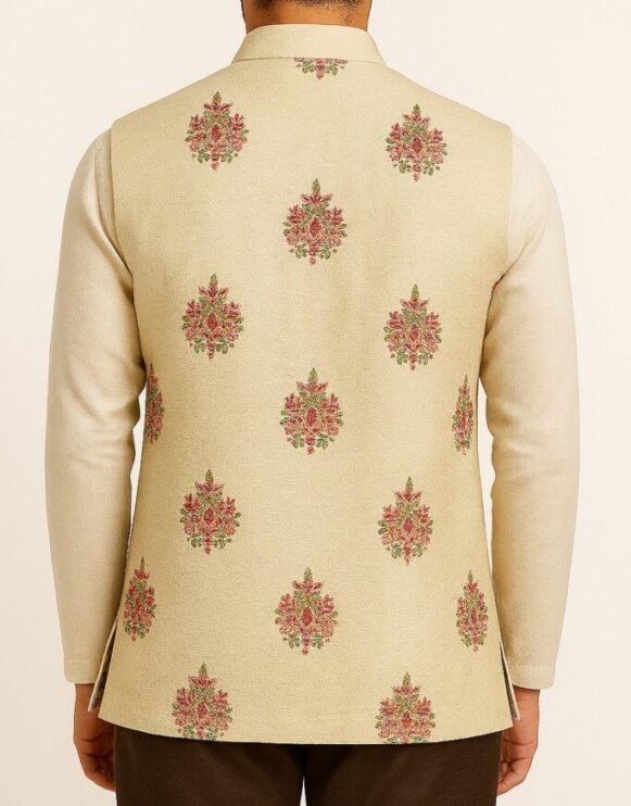 Beige Embroidered Nehru Jacket Mandarin Collar - Image 4