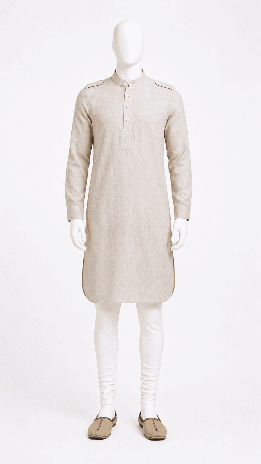 Men Solid Beige Collared Long Kurta
