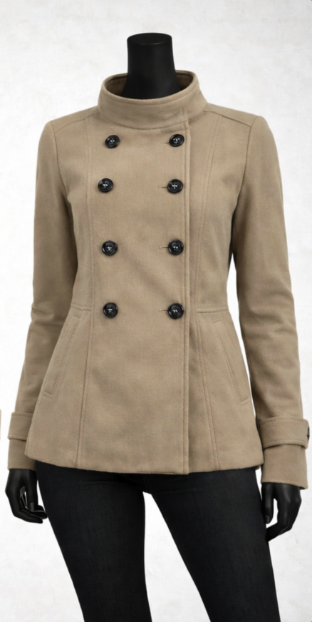 Women Beige Double Breasted Coat - Costumepeti