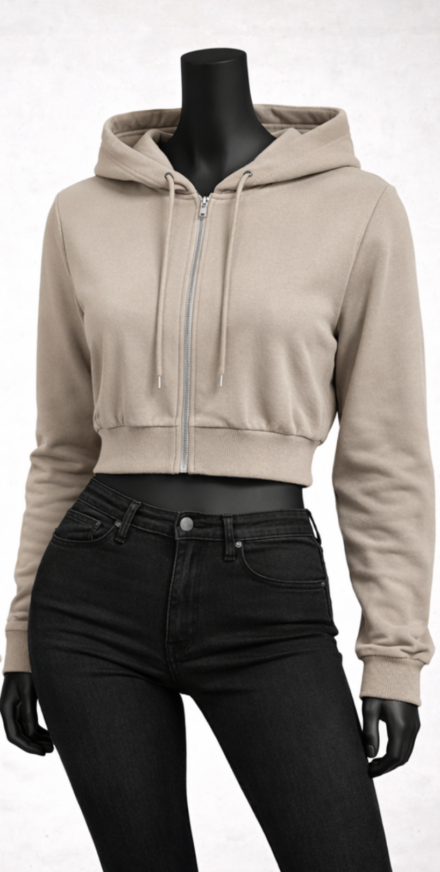 Women Taupe Cropped Hooded Jacket
