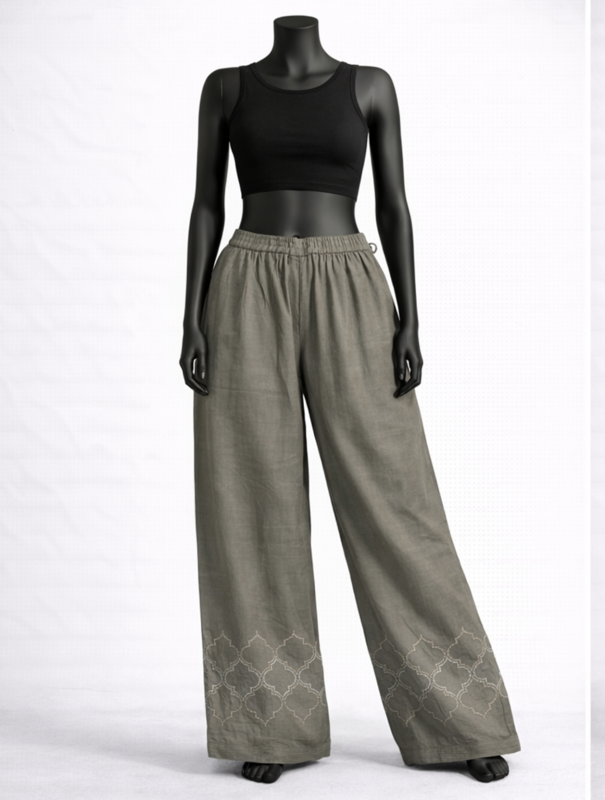 Olive Green Embroidered Palazzos with Elastic Waist - Costumepeti