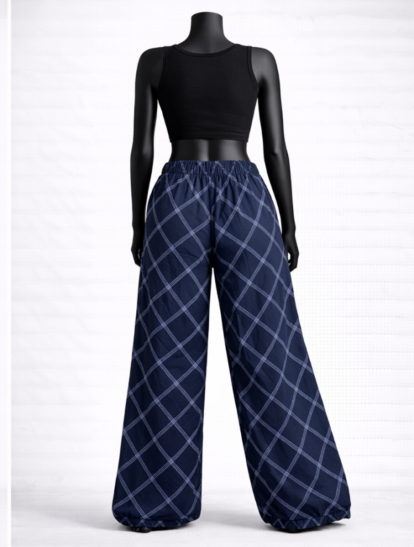Navy Blue Checked Palazzos with Elastic Waist - Image 2