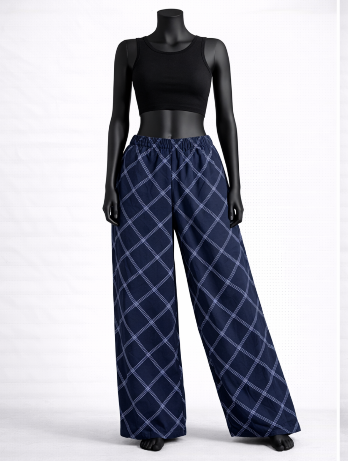 Navy Blue Checked Palazzos with Elastic Waist - Costumepeti