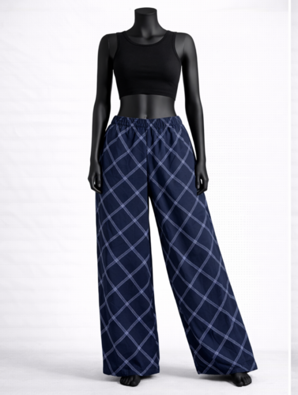 Navy Blue Checked Palazzos with Elastic Waist - Costumepeti
