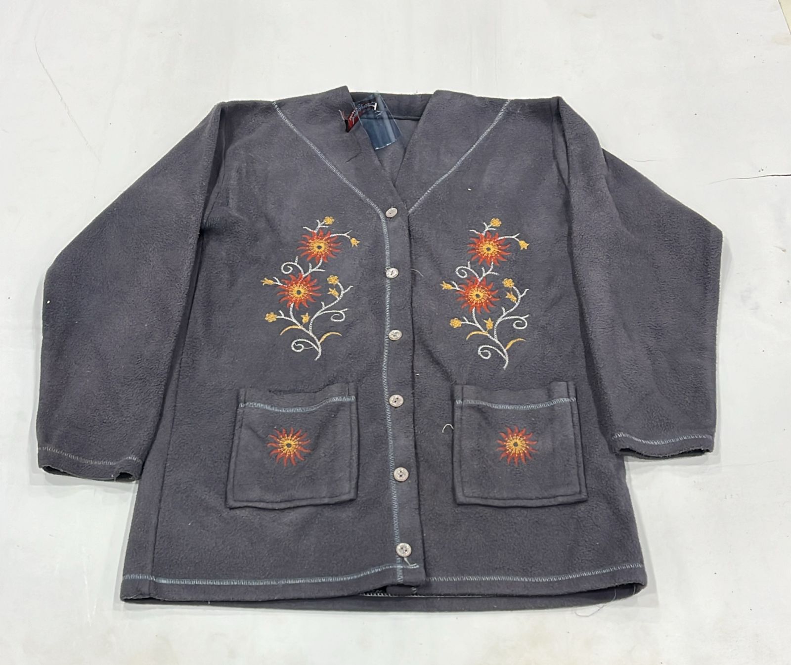 Grey Floral Embroidered Winter Button-Down Jacket - Image 3