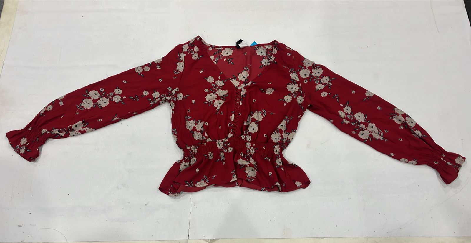 Red Floral Smocked Peplum Top - Image 4