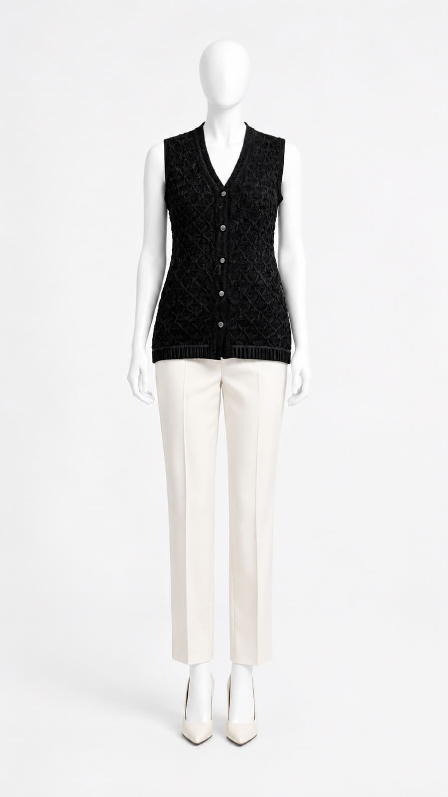 Black Textured Sleeveless Buttoned Sweater Vest