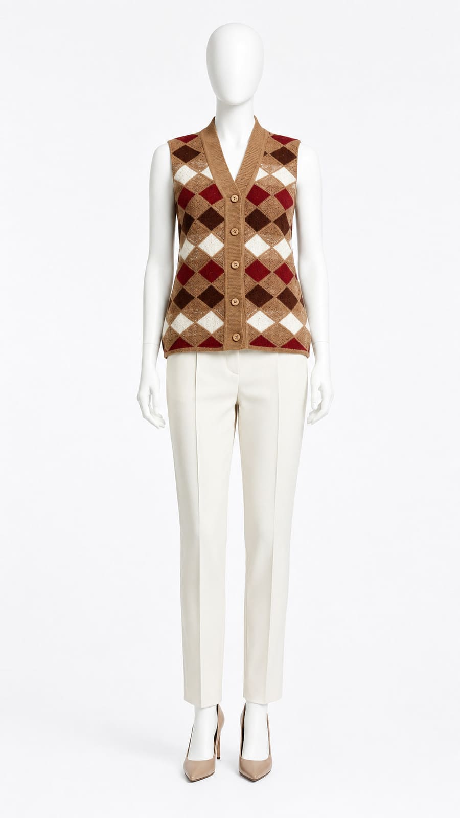Brown Argyle Knit Sleeveless Cardigan