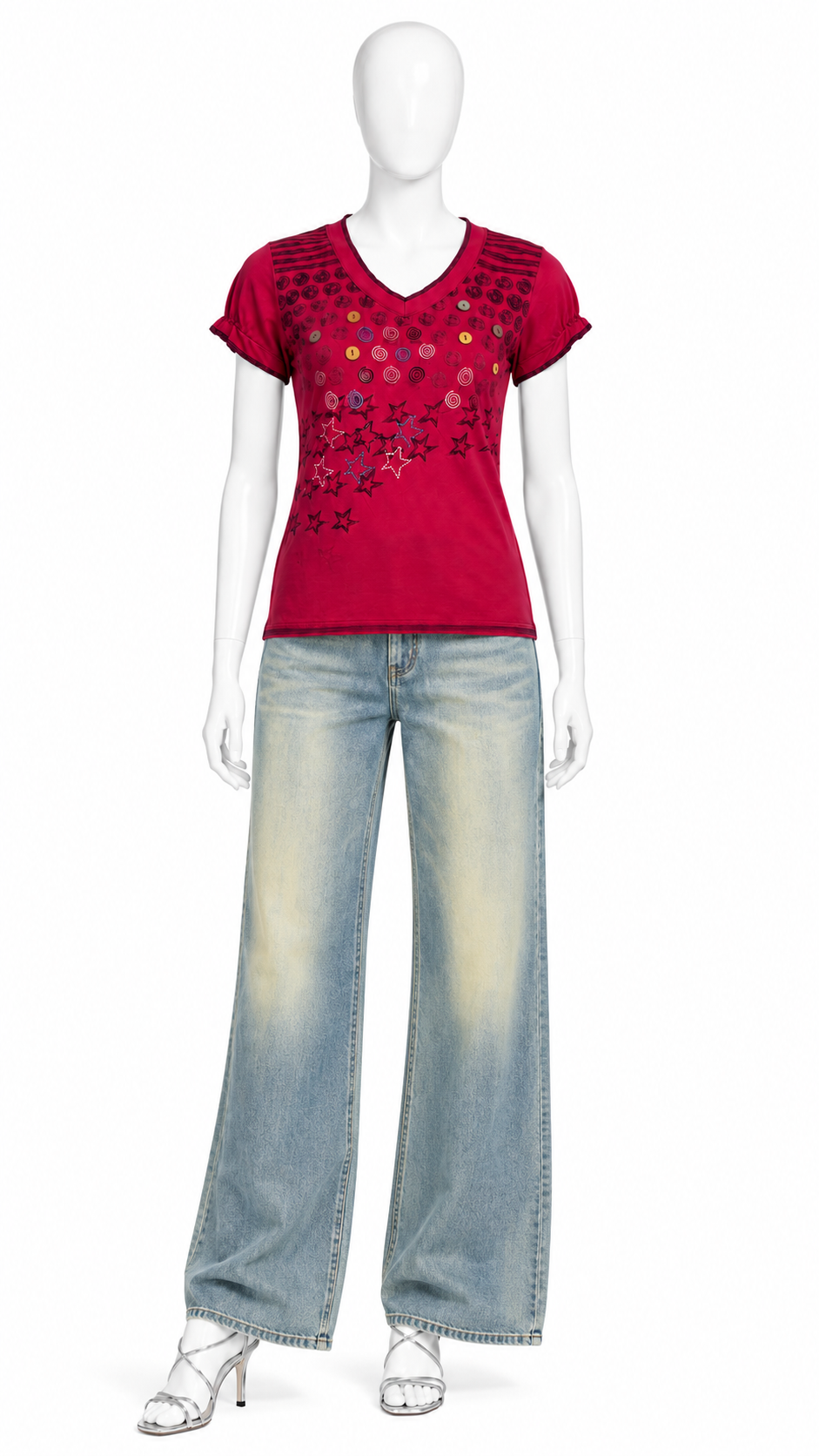 Pink Embellished Printed V Neck Top