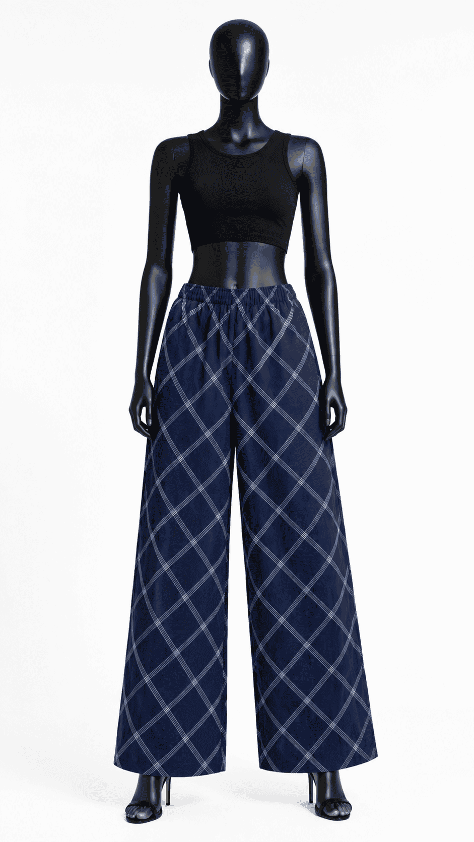 Vishudh Navy Blue Checked Palazzos With Elastic Waist