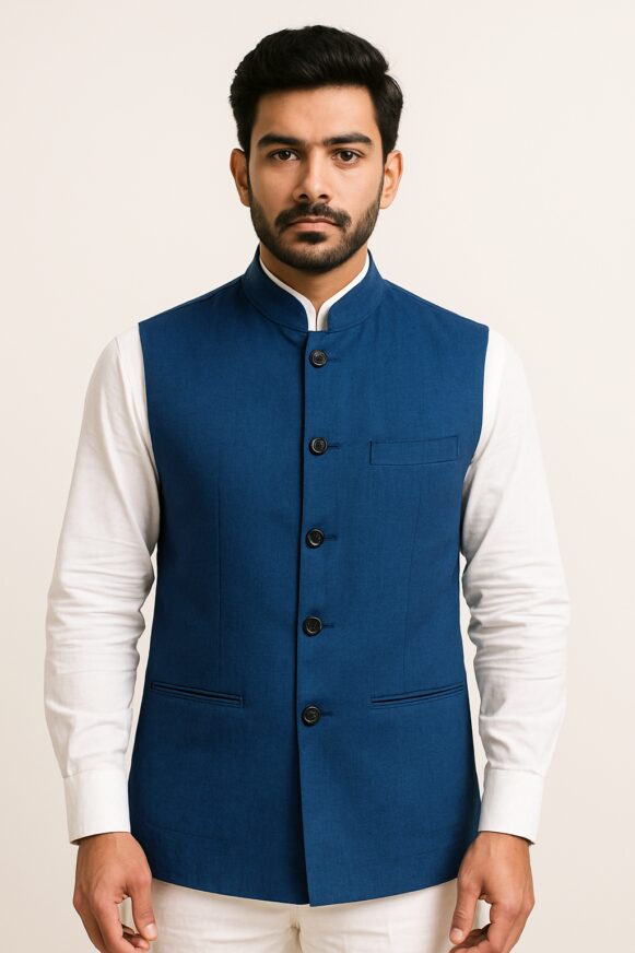 Blue Cotton Solid Nehru Jacket