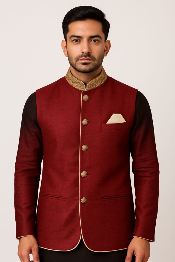 Maroon Nehru Jacket with Beige Collar