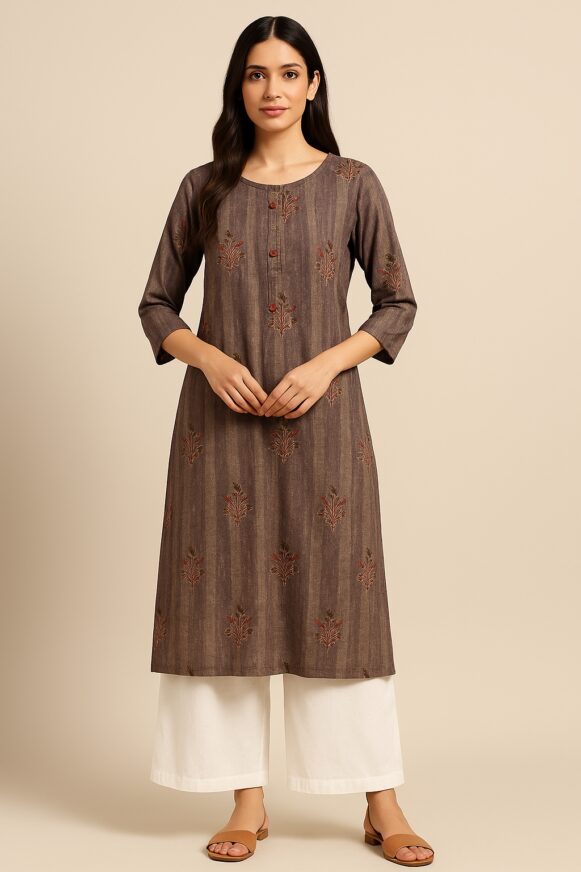 Brown Embroidered Kurti Set